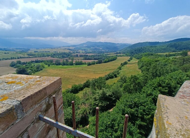 Vista panoramica sulla tenuta verdeggiante con cielo terzo
