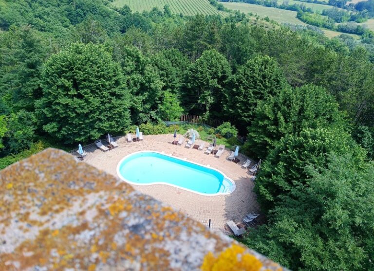 Vista della tenuta del Castello di Baccaresca dalla torre. Vista sulla piscina e alberi intorno ad essa