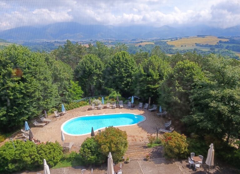 veduta dalla camera deluxe del castello di baccaresca con piscina esterna circondata da alberi e montagne come paesaggio