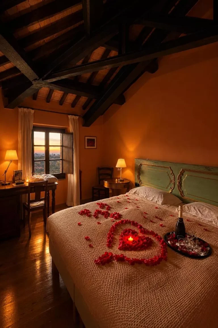 Suite nuziale d'epoca al Castello di Baccaresca a Gubbio allestita per la prima notte di nozze con petali a forma di cuore e champagne